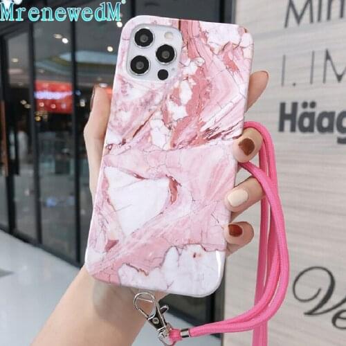 Marble Phone Case With Neck Lanyard For iPhone 12 11 Pro MAX 8 7 Plus XS Max Mini XR X SE 2020 Anti-Fall Soft Silicone IMD Cover