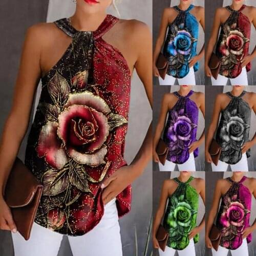 New European and American spring and summer womens hanging neck rose print vest T-shirt top womens clothing