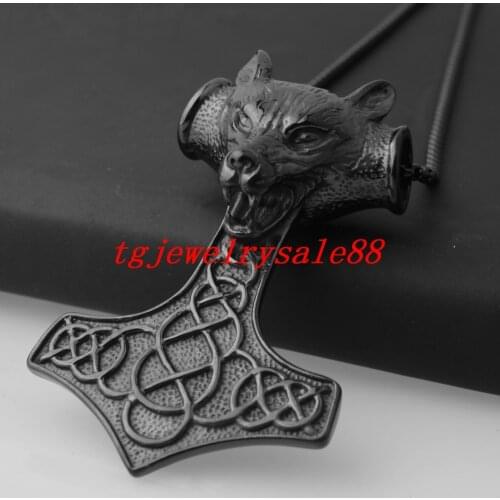 Huge Heavy Classic Black Wolf Head Viking Thor Hammer Pendant Necklace Strong Mens Stainless Steel Trendy Jewelry 91g