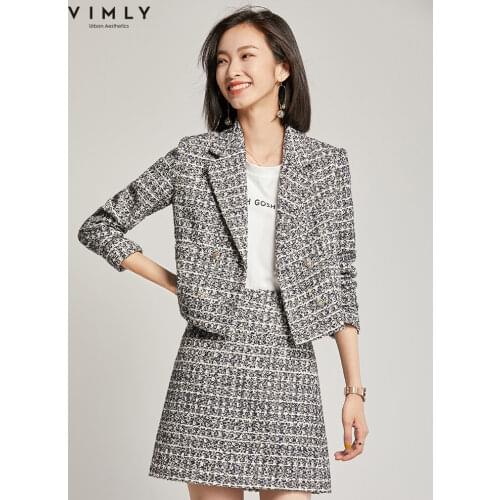Vimly Womens Clothing Elegant Office Lady Tweed Lapel Jacket High Waist A-line Mini Skirt Retro Female Two Piece Set 98551