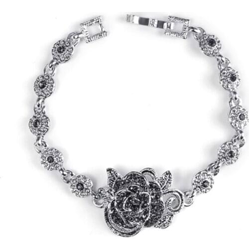 Silver Plated Alloy Link Chain Rose Flower Bracelet with Rhinestone Attractive Design Jewelry