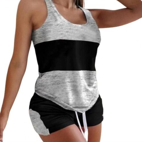 2Pcs/Set Sleeveless Top Set Round Neck Comfortable Summer Slim Splicing Design Drawstring Camisole Set for Home