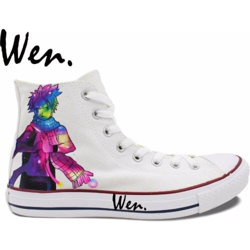 Wen Anime Hand Painted Shoes Fairy Tail Logo Natsu White High Top Canvas Sneakers for Men Womens Christmas Presents