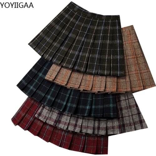 Women Skirts Vintage Autumn Women Plaid Skirt High Waist A-Line Ladies Pleated Skirts Harajuku Sweet Womens Mini Short Skirt