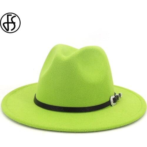 FS Women Men Lime Green Wool Felt Fedora Hat Gentleman Elegant Lady Winter Autumn Wide Brim Jazz Church Panama Sombrero Cap