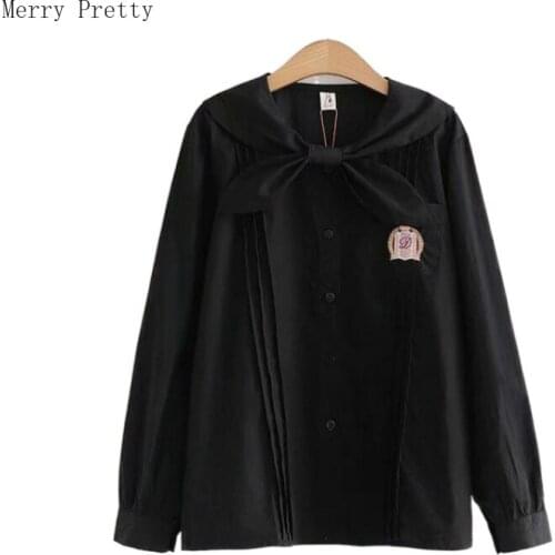 Black Single Breasted Casual Blouse Badge Graphics Embroidery Preppy Shirts Women 2021 Summer Bow Collar Korean Girly Basic Top