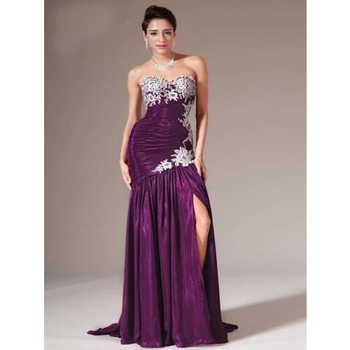 Women Purple Long Evening Dresses Sweetheart Appliques Sexy Slit Pleat Dubai Saudi Arabic Evening Gown Prom Dress