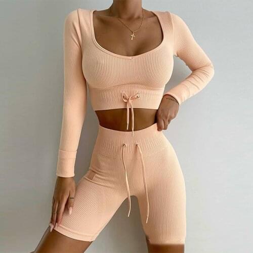 Womens Solid Long Sleeve Tracksuit Two Pieces Suits Drawstring Skinny women 2 Piece Sportwear Set 2021 Autumn Female Sport Suit