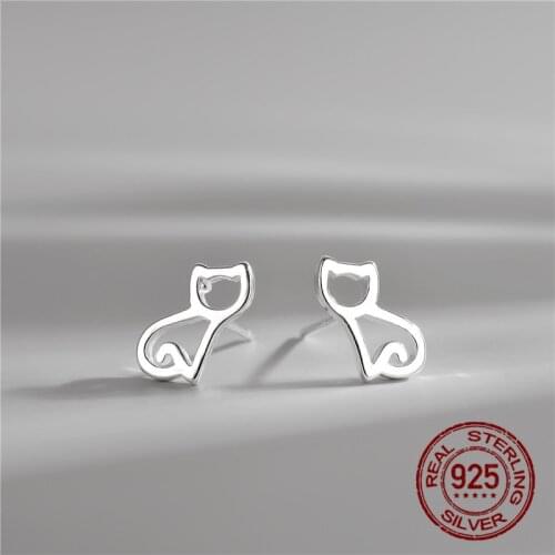 INEFFA Korean Temperament Personality Creative Delicate Cutout Cute Cat 925 Sterling Silver Fashion Female Stud Earrings Gifts