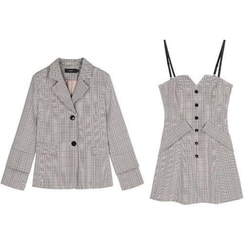 Womens Blazer Dress Two piece Sets 2021 Spring Autumn British Style Plaid Suspender Dress and Blazer Suit Ladies Office Clothes