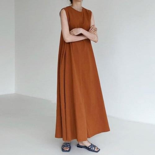 Johnature New Korean Sleeveless Loose Pockets Women Dresses 2021 Summer Casual O-neck 4 Colors Tank Dress