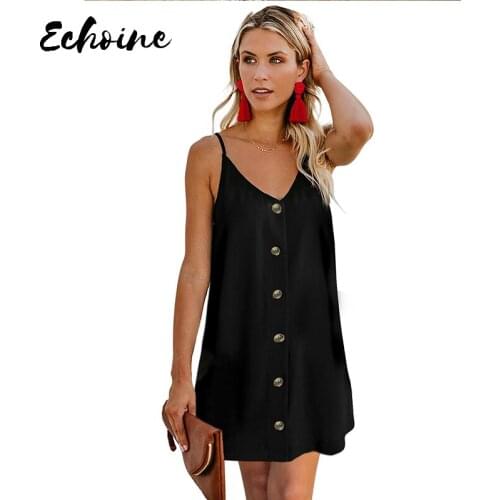 Echoine Black/Green/Blue/White Buttoned Front Slip Dress Women Summer Fashion Sexy V Neck Adjustable Straps Beach Loose Dress