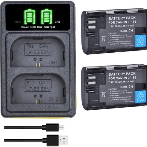 2650mAh LP-E6 LP-E6N Battery& LED Type-C Dual Charger for Canon EOS Mark III 6D 7D 80D EOS 5DS R 5DS R 5D Mark II 5DCamera