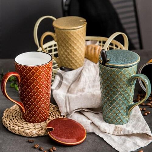 500ML Mug creative office drinking cup with spoon ceramic large capacity home couple cup hand-painted coffee cup G037