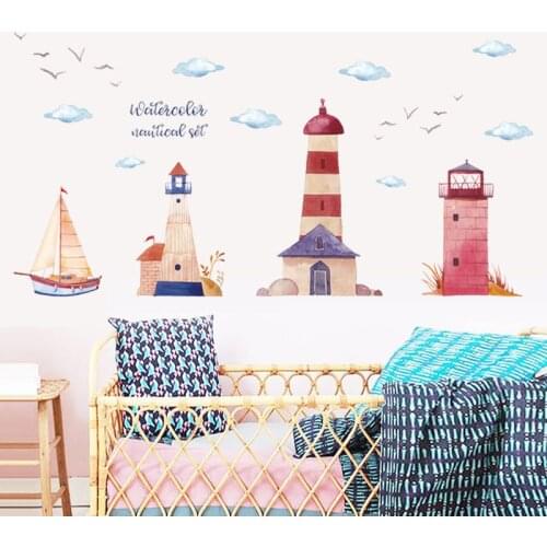 Watercolor Lighthouse Boat Wall Sticker for Kids Room Living Room Background Decals Nursery Decor Wallpaper Art Mural Big