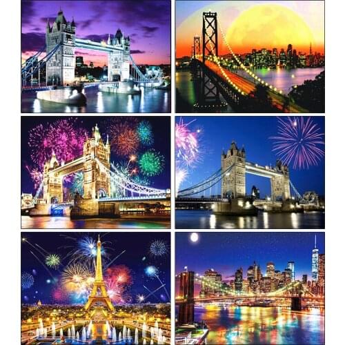 Full Diamond "Bridge night view Fireworks" DIY 5D Diamond Painting City Cross Stitch Home Decor Picture Of Rhinestone Handmade