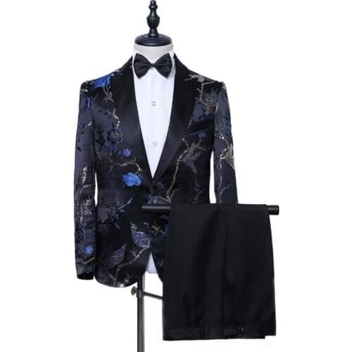 Blazer men groom suit set with pants mens luxury suits costume singer star style dance stage clothing slim fit formal dress