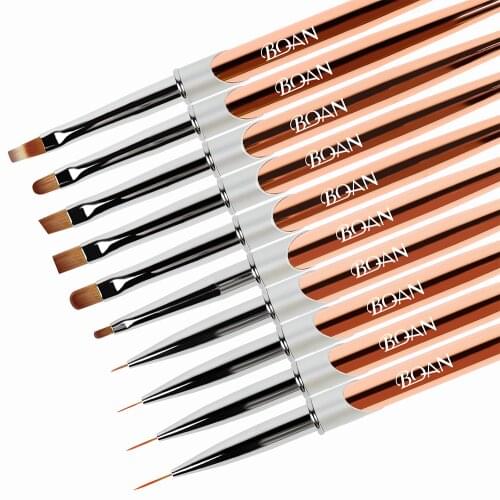 BQAN 10pcs/set Rose Gold Nail Brush Acrylic Thin Liner Drawing Pen Nail Art Brush Line Painting Brushes Crystal Manicure Tools