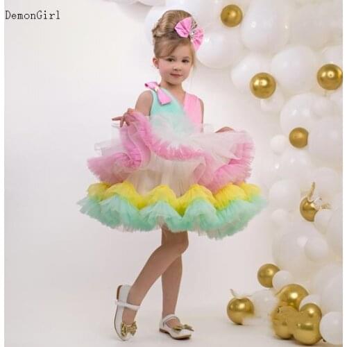 Puffy Layers Short Flower Girl Dresses Satin Bow Kids Princess Dress Bow Shoulder Kids Communion Dresses Birthday New Year
