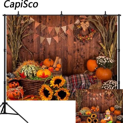 Capisco Halloween Photography Backdrop Wooden Floor Background Pumpkins Sunflower Baby Thanksgiving Party Photo Studio Props