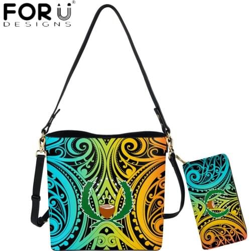FORUDESIGNS Hot Sales Women PU Bucket Bag And Purse Set Colorful Pohnpei Polynesian 3D Print Women Party Beach Messenger Sac