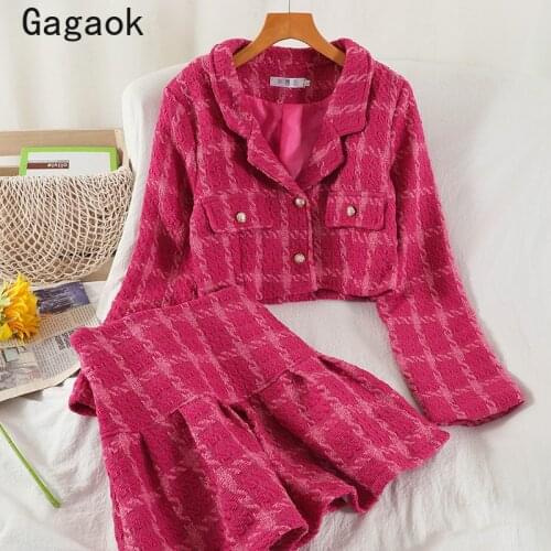 Gagaok Office Lady Two Piece Set Women 2021 Spring Autumn New Korean Elegant Fashion Chic Outfits Plaid Jackets + Mini Skirts
