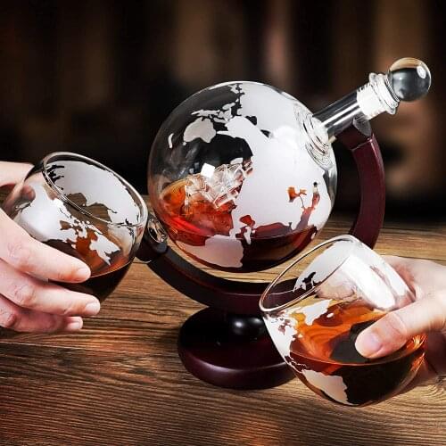 Globe Decanter Set with Lead-free Carafe with Wood-stand 2 Whisky Glasses Creative Whiskey Vodka Decanter Globe Grade Party Gift
