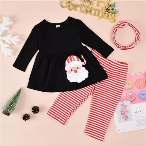 Toddler Girls 3 Piece Set Christmas Outfits Suits Long Sleeve Cartoon Santa Loose Smock Top + Stripe Long Pant + Headband