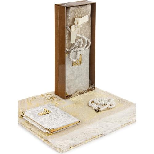 White prayer rug set muslim prayer rug portable mats travel mat Yasin Sharif rosary muslim set seccade seti