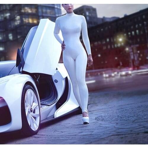Novelty womens Fetish catsuit long sleeve white tight bodysuit with back zip to waist