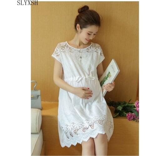 Maternity Clothes Fashion Summer New Arrival Hollow Lace White Dress for Pregnant Pregnancy Loose Temperament Plus Size Clothes