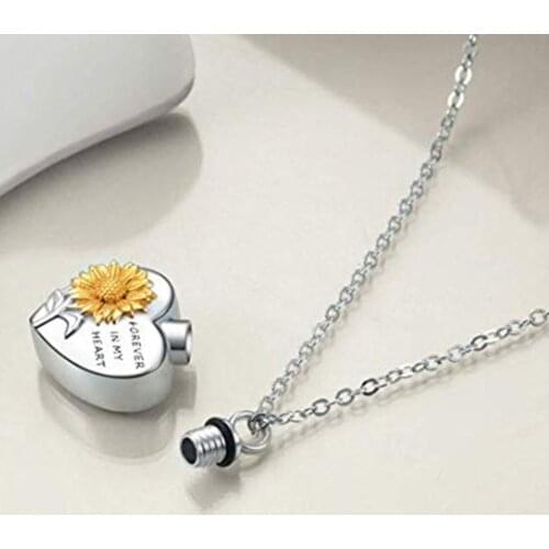 Gift Sunflower Daily Jewelry Simple Mini Engraved Letter Memorial For Ashes Women Necklace Chain Heart Pendant Cremation Urn
