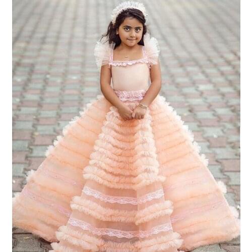 Pink Flower Girls Dresses Ball Gown Spaghetti Tiers Tulle Lilttle Kids Birthday Pageant Gowns Toddler Prom Skirts