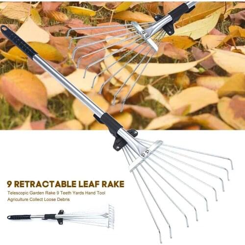 9 Teeth Telescopic Garden Rake Fan Broom Collect Loose Debris Gardening Tools Yards Lightweight Lawn Tool Grass Rake