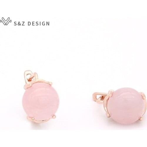 S&Z DESIGN Fashion Japanese Korean Vintage Round Natural Stone Dangle Earrings 585 Rose Gold For Women Girl Wedding Jewelry