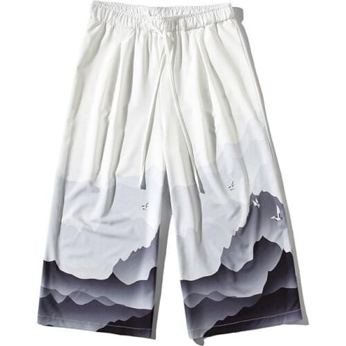 Ice Silk Printed Harem Pants 2021 Men Japanese Hip-hop Loose Beach Trousers High Waist Wide Leg Streetwear Sweatpants