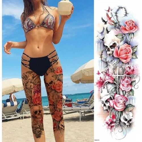 Death Skull Rose Large Size Tattoo Sticker For Women Men Body Art Fake Tatoo Sexy Red Flower Waterproof Temporary Tatto