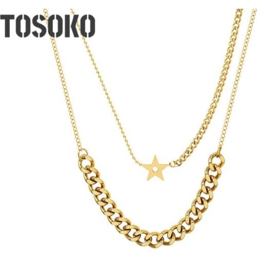 TOSOKO Stainless Steel Jewelry Star Pendant Thick Chain Pendant Double Layered Necklace BSP935