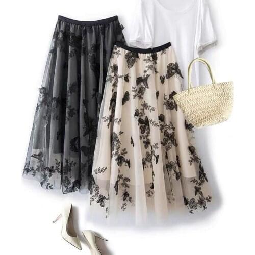 High quality Embroidery skirts womens Summer autumn 2021 vintage Ol elegant retro midi skirts women Butterfly Mesh Long Skirt