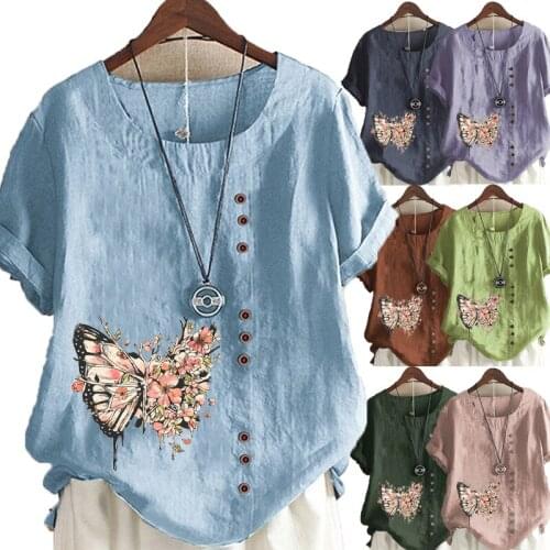 Womens New Fashion Summer Butterfly Printed Round Neck Short Sleeve T-shirt Casual Loose Solid Color Blouse Tops Plus Size