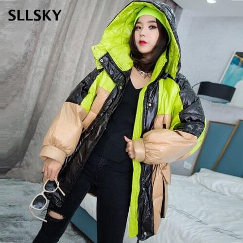 SLLSKY Fashion Contrast Color Glossy Women Parkas 2021 Winter New Thick Outerwear Warm Hooded Female Jaccet Long Sleeve Coats
