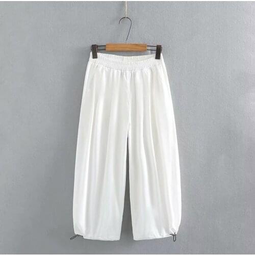 Plus Size XL-4XL White Black Womens Wide Leg Elegant Pants Elastic Waist Solid Summer Autumn Cargo Ankle Trousers