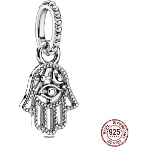 Hot Sale Lucky Charm Beads 925 Sterling Silver Protective Hamsa Hand Dangle Charm Fit Original Pandora Bracelet 925 Silver Jewel