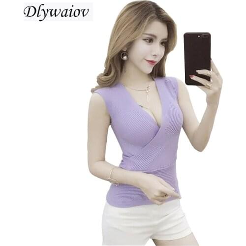 Women Tops Knitting Vests New Sleeveless Deep V-neck Sexy Tank 2021 Summer Fashion Female Elasticity Knitting Vest