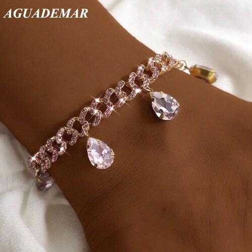 Pink Clear Water Drop Crystal Cuban Link Chain Anklets For Women Shining HipHop Rock Chunky Metal Cuban Ankle Chain Leg ​Jewelry