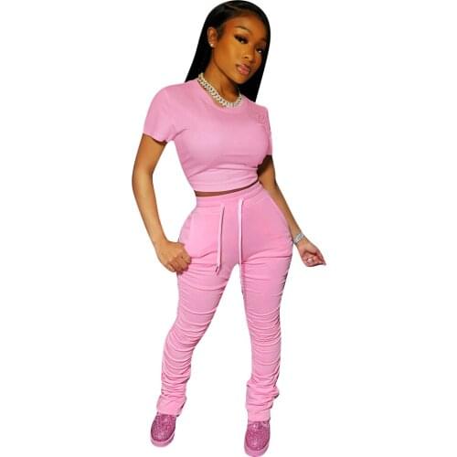 Summer Solid Two Pieces Running Sets Women Sportswear Short Sleeve Crop Tops+High Waist Lace-up Stacked Trousers Female Outfits