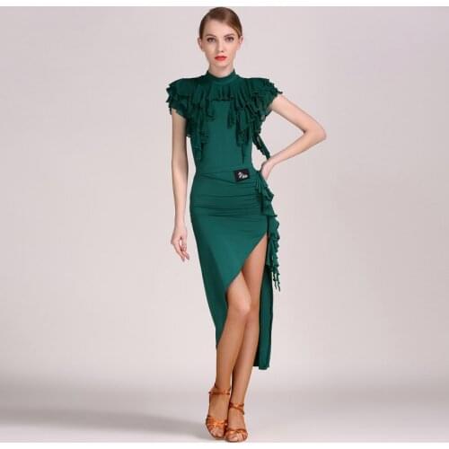 Falbala Latin Dance Stage Competition Dress For Women Green Dancewear Salsa Dance Cotume Latino Dance Practice Dresses JL1111