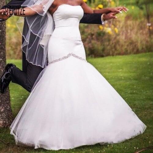 JIERUIZE Mermaid Wedding Dress 2019 Strapless Lace Up Back Sleeveless With Crystal Elegant Ivory Wedding Gowns Vestido de novia