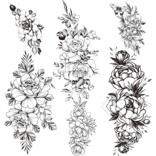 Large Daisy Temporary Tattoos For Women Sexy Camellia Fake Tattoo Geometric Sunflower Plum Peony Water Transfer Tatoo Body Thigh
