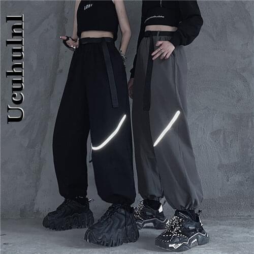 Ucuhulnl Pants Women Cargo Harajuku with Chains Streetwear Summer New Korean Style Casual Loose Elastic Waist Solid Cool Girls